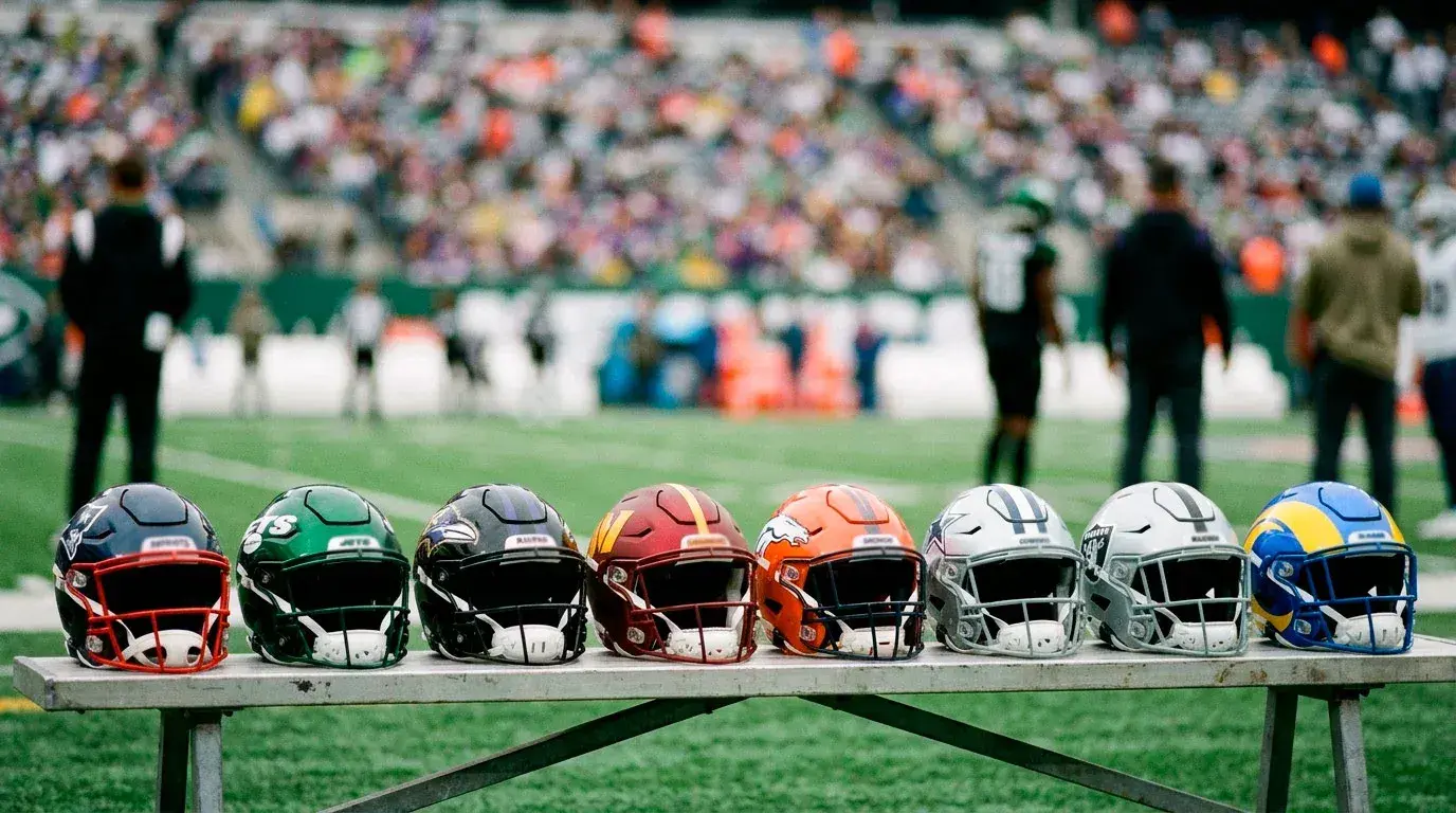 Multiple NFL helmets from different teams lined up on a sideline bench before a game