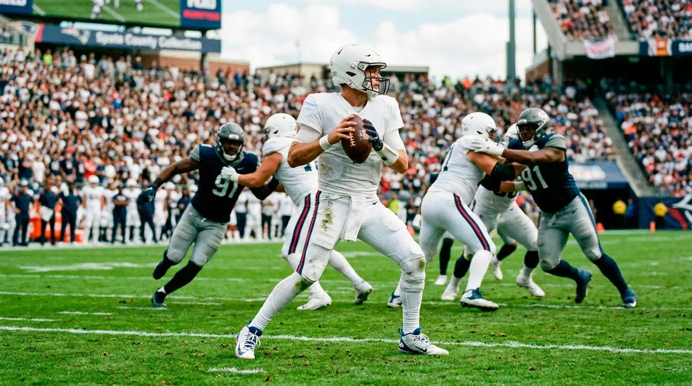 NFL game action with a quarterback preparing to throw on a professional football field