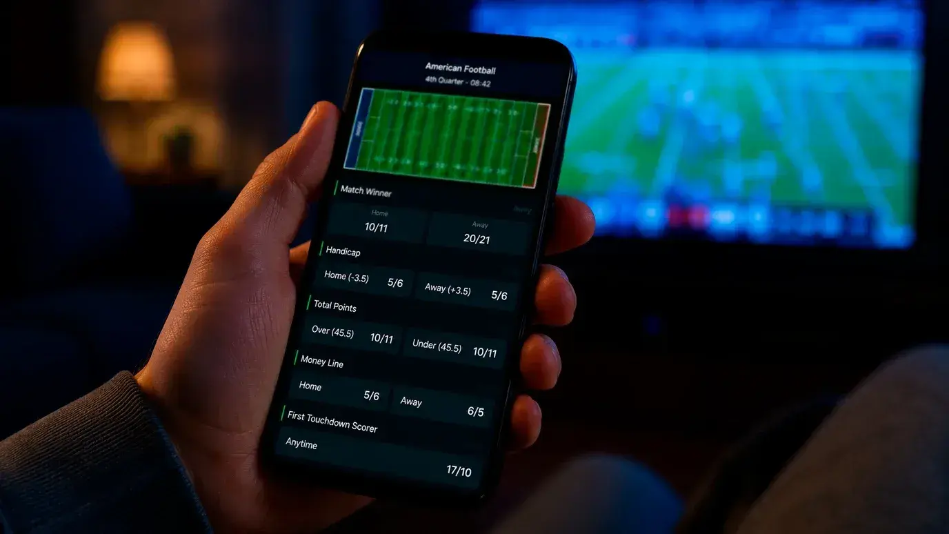 NFL betting app interface on a mobile phone showing in-play markets for UK punters