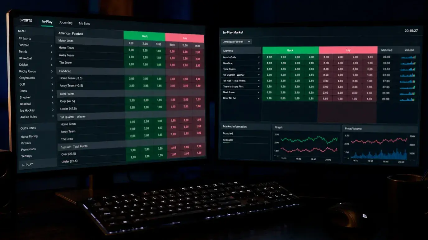 NFL betting exchange interface showing back and lay odds for a UK user