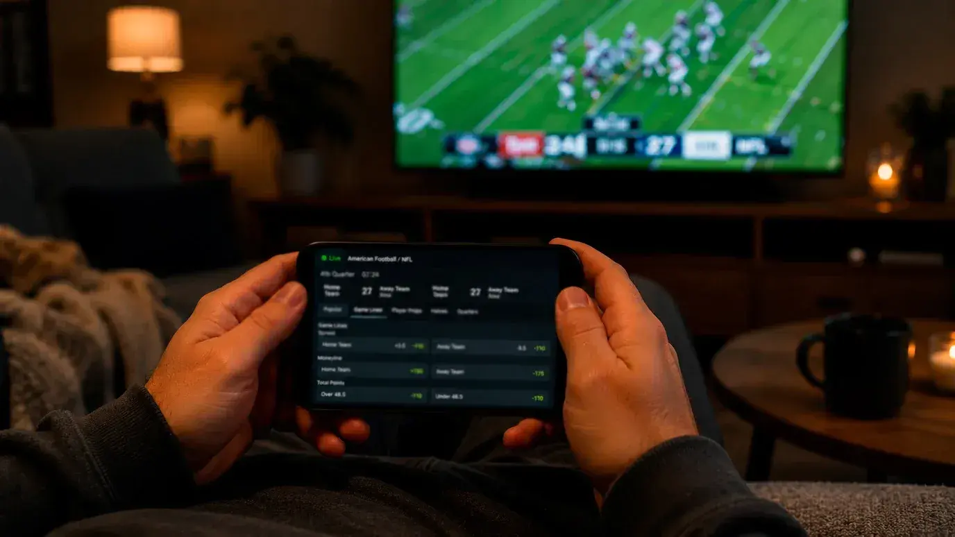 Person holding a smartphone showing an NFL game while watching American football on television