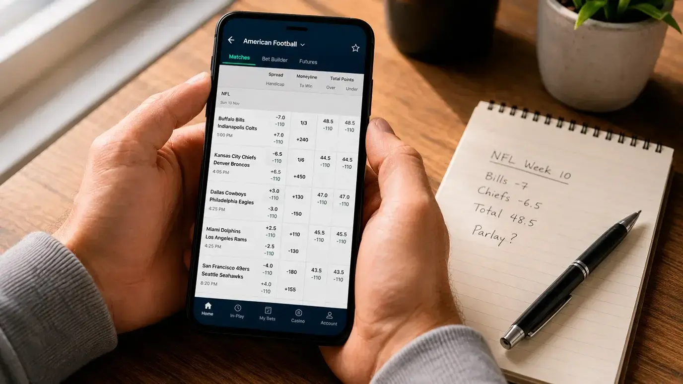 Close-up of a betting slip showing NFL odds displayed in fractional, decimal and American formats