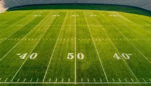 Overhead view of an American football field with yard-line numbers and hash marks under evening light