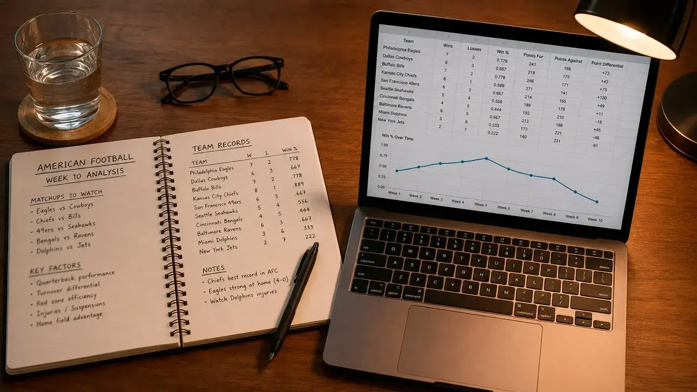 An open notebook with handwritten NFL game notes and statistics next to a laptop displaying point spread data