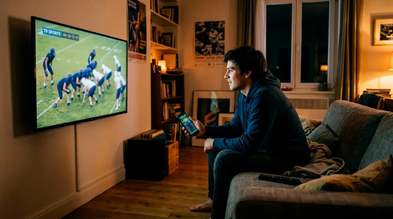 UK NFL fan watching a game on TV with a betting app open on a second screen