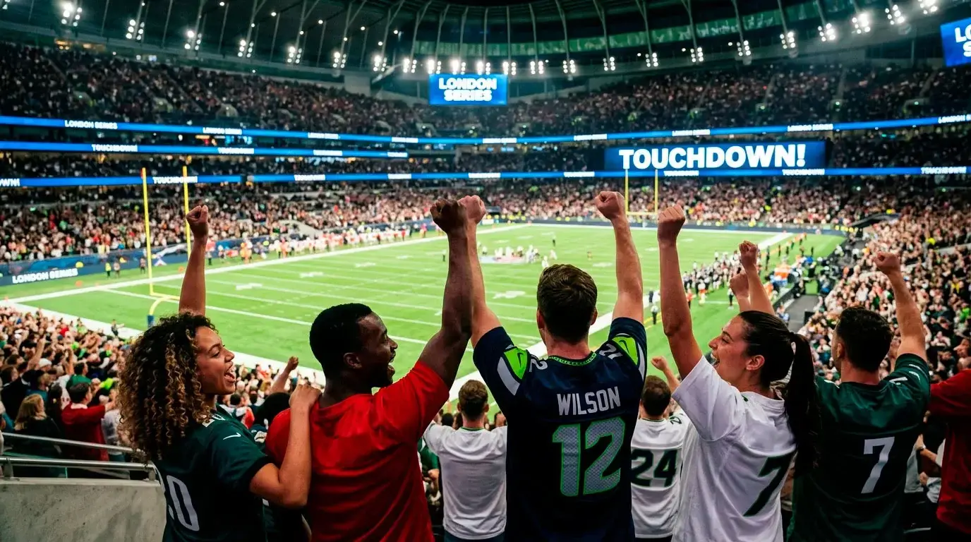 NFL fans at a London Game cheering inside a packed stadium during an American football match