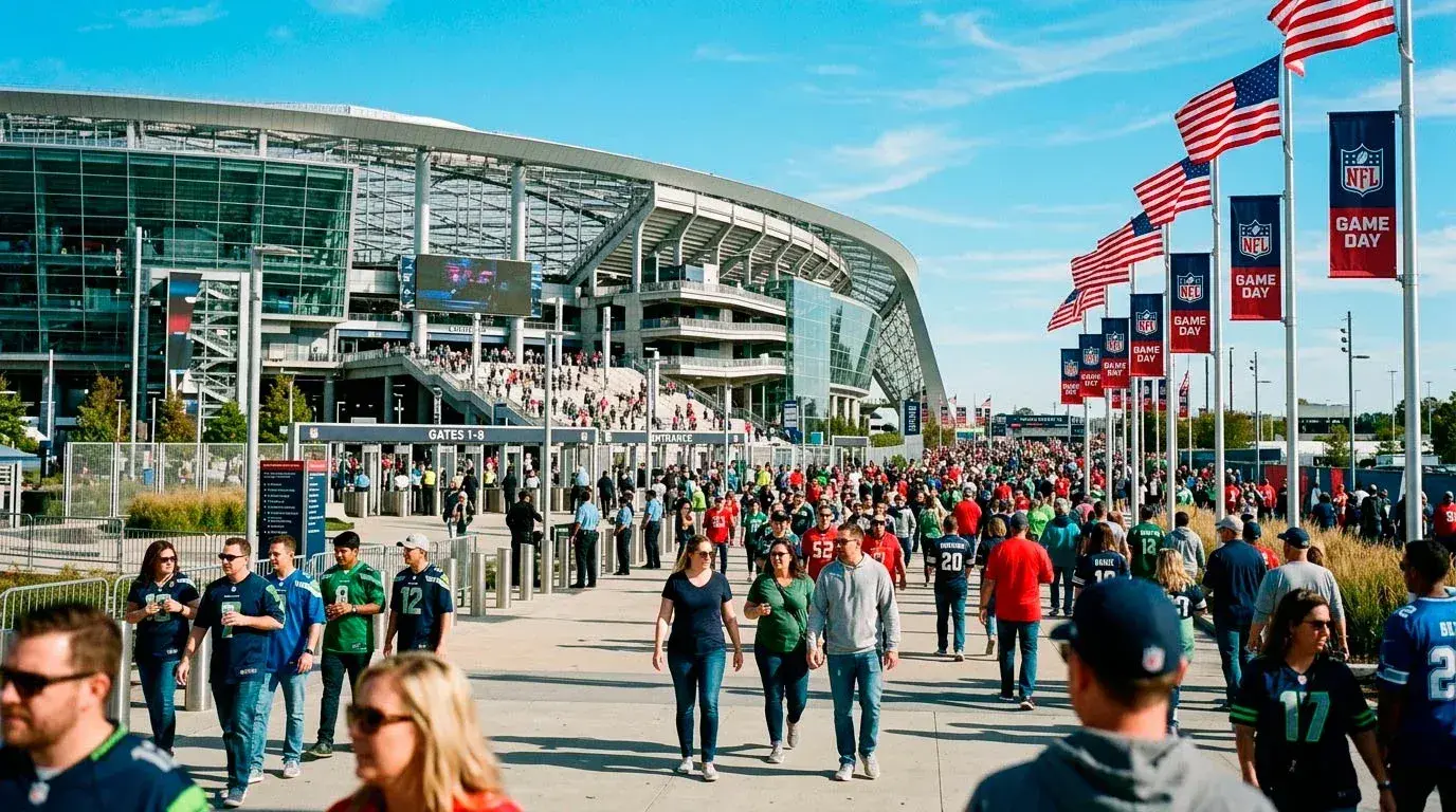 NFL stadium exterior on game day with fans walking towards the entrance gates