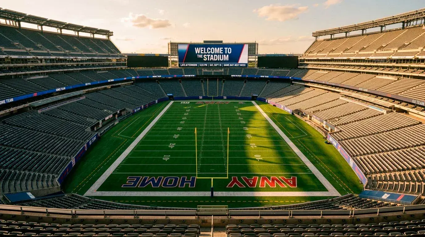 NFL stadium interior viewed from the upper stands showing the full field and scoreboard