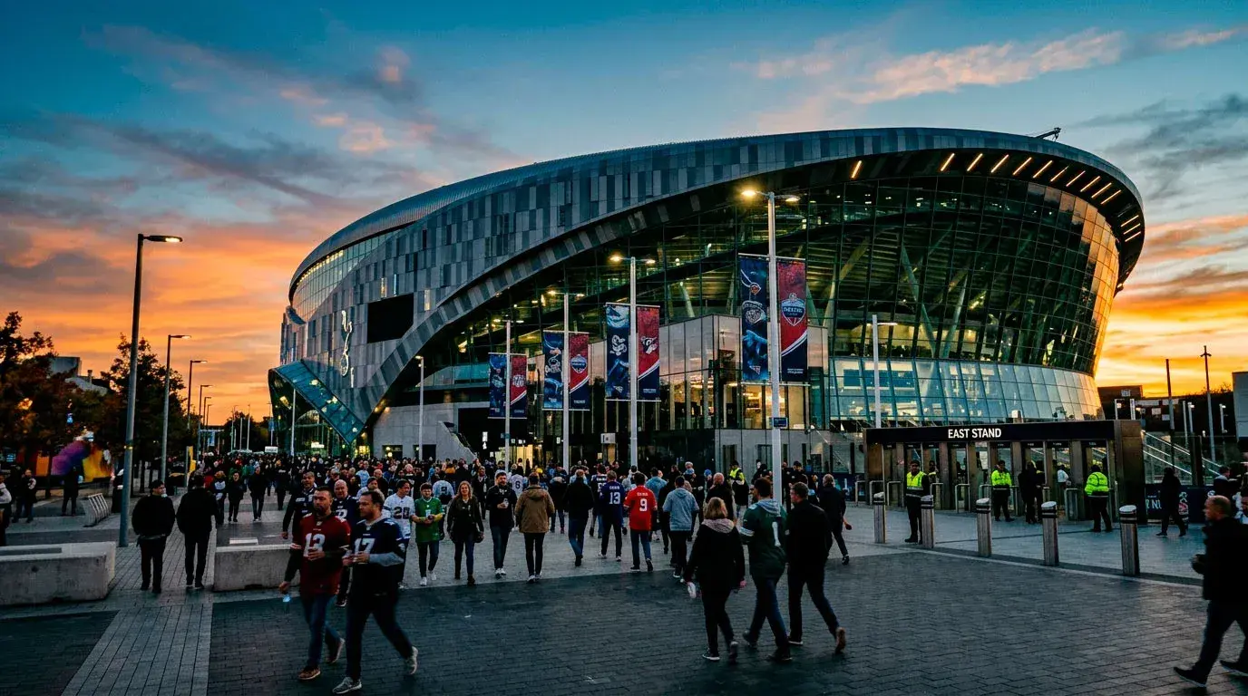 NFL London Game at Tottenham Hotspur Stadium with UK fans and betting market overlay
