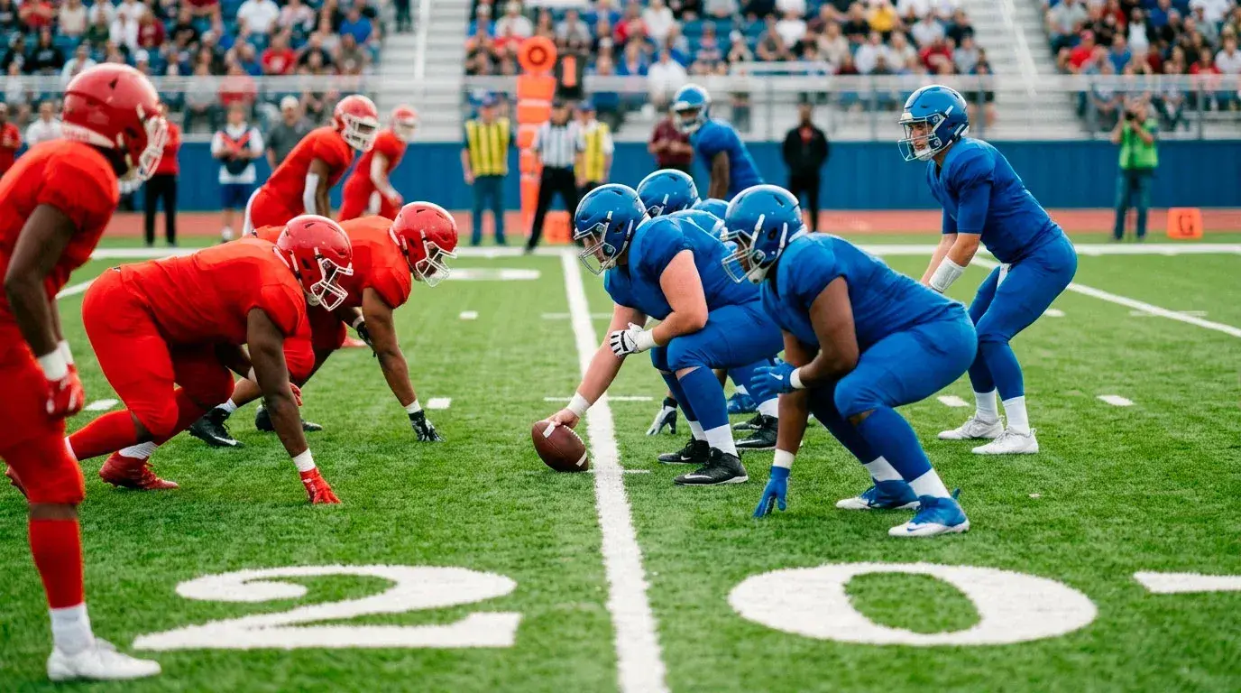 Two NFL teams lining up at the line of scrimmage before a snap during a regular-season game
