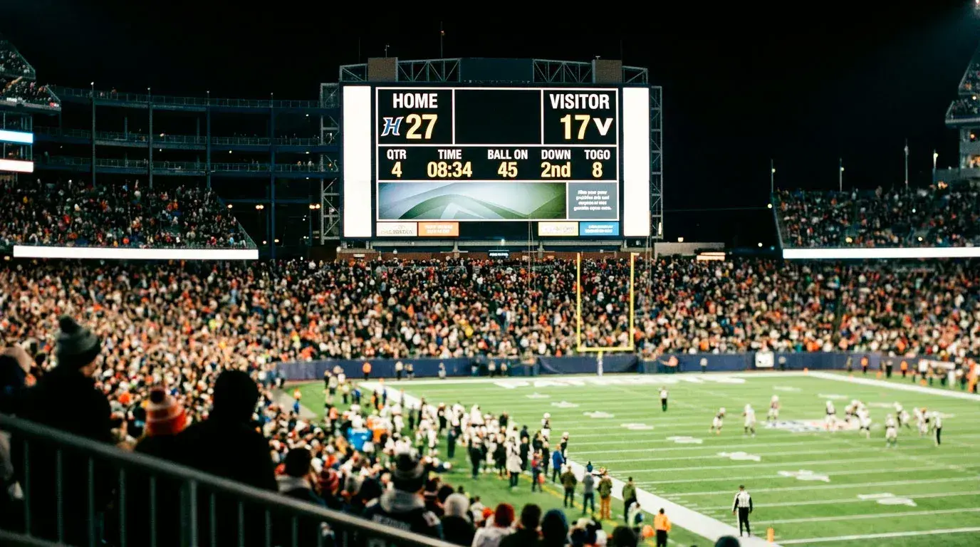 NFL scoreboard displaying the score during a game with the stadium crowd visible below