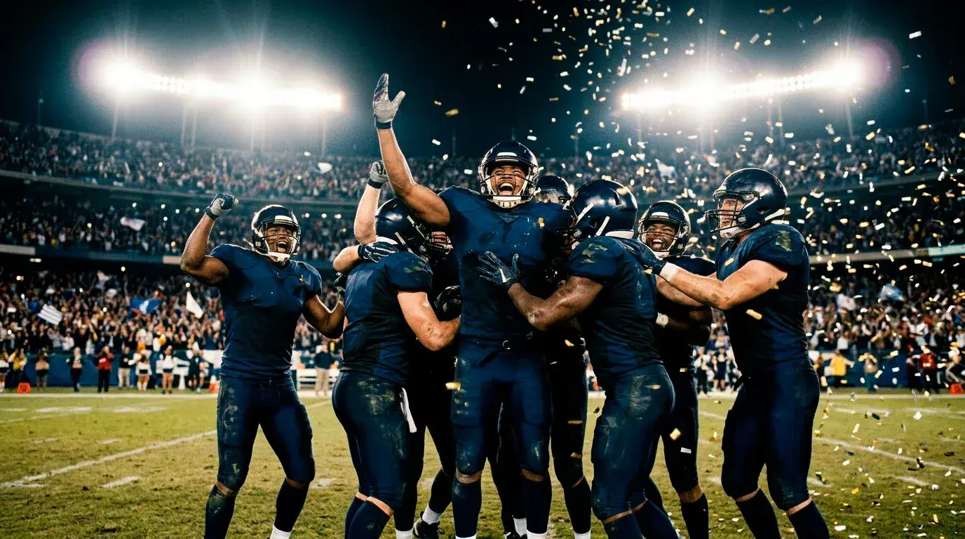 NFL players celebrating on the field after a playoff victory with confetti in the air