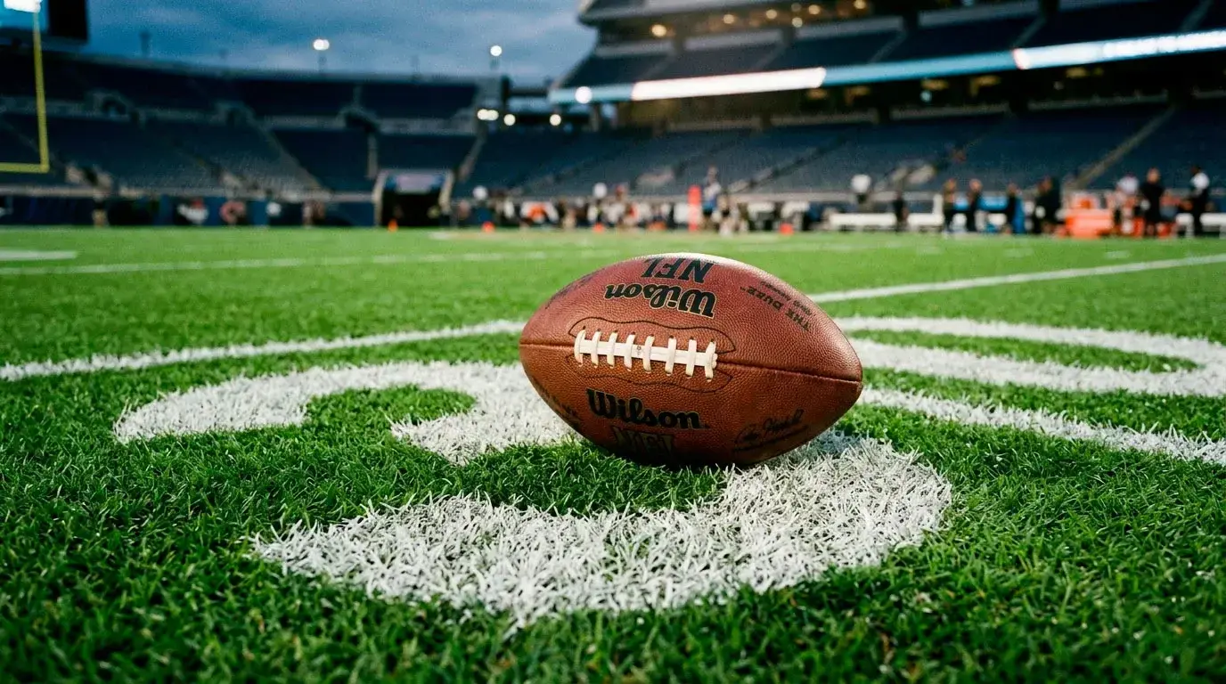 Close-up of an American football resting on a pointed yard-line marker with stadium floodlights in the background
