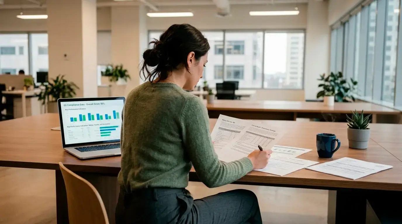 A compliance officer reviewing documents at a desk with a laptop showing regulatory data and a UK Gambling Commission emblem on screen